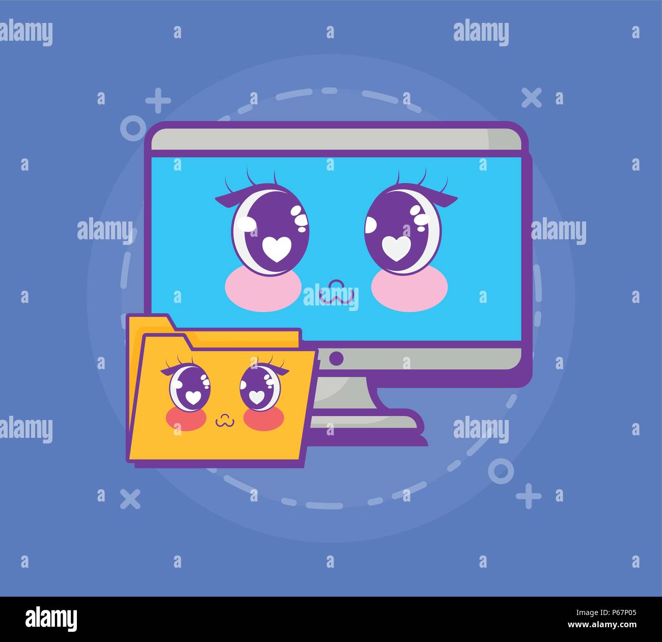kawaii monitor computer and document folder icon over blue background ...