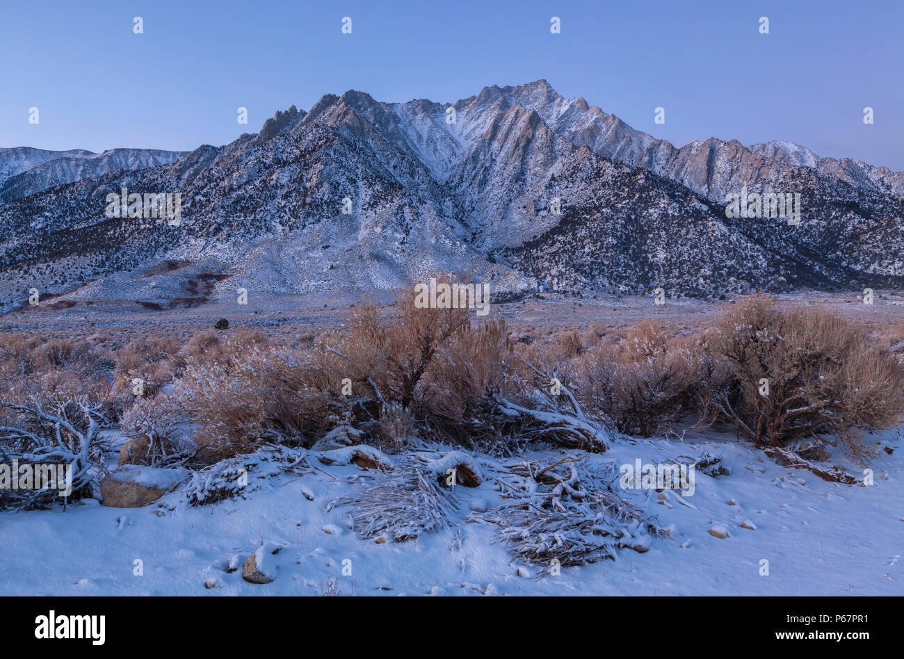 Fresh new snow covered the landscape at Alabama Hill and the Lone Pine Peak in late November, Lone Pine, California, United States. Stock Photo