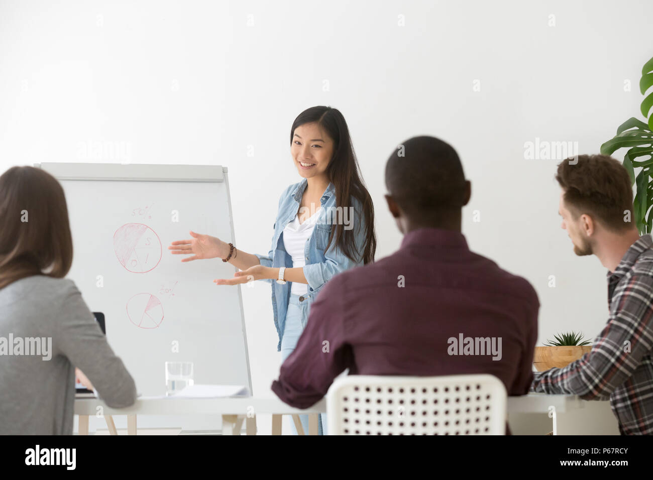 Smiling Asian coach mentoring workers presenting on flipchart Stock Photo