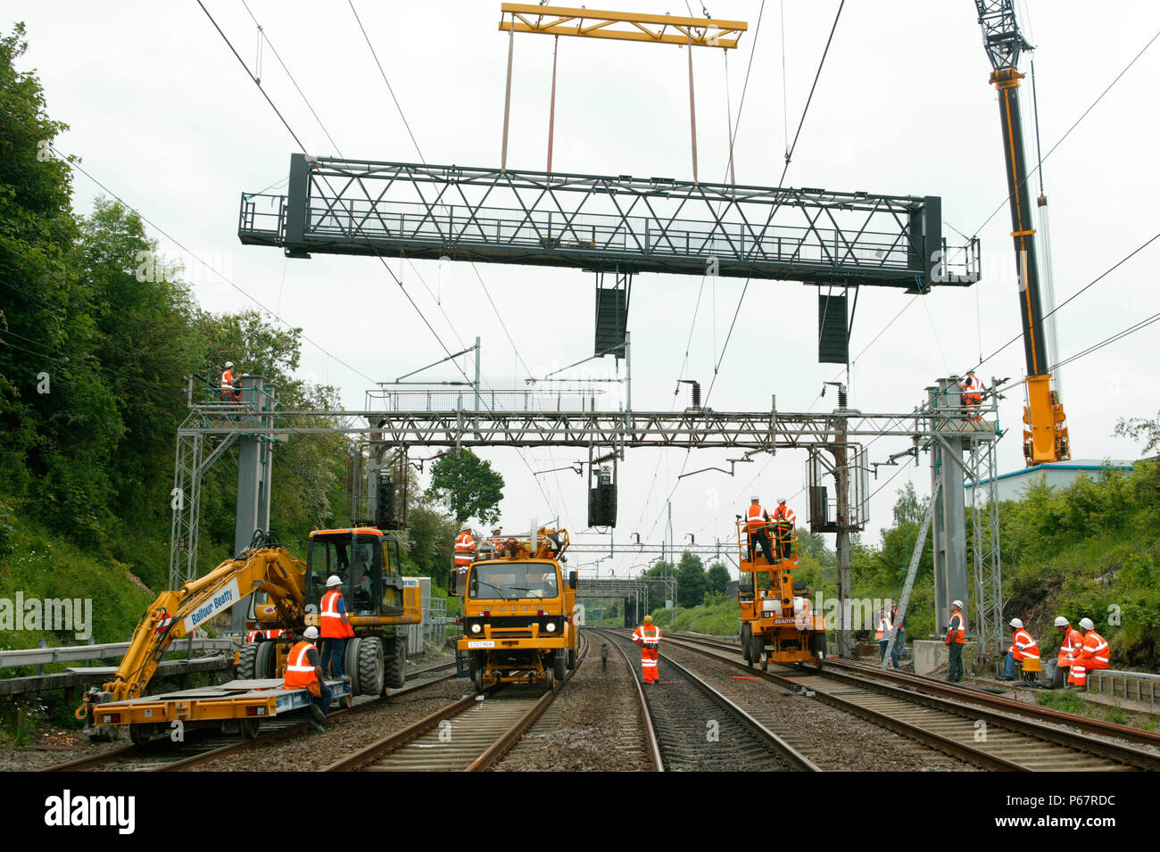 New signal gantry being craned into position at Berkhamsted from a