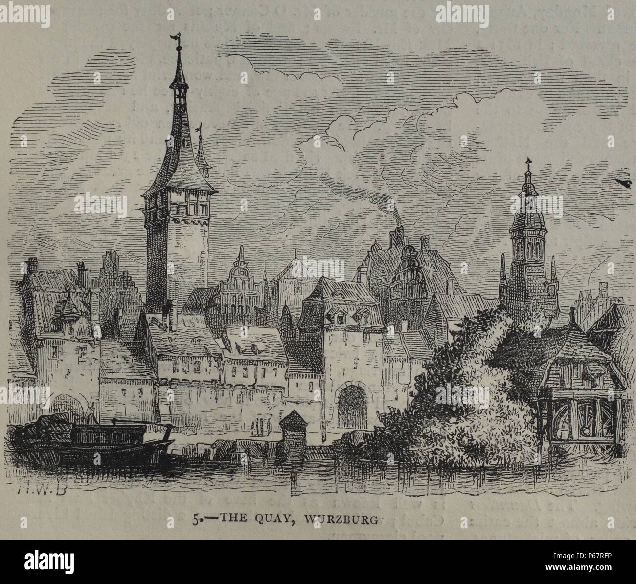 Engraving of the Quay in Würzburg a city in the region of Franconia, Northern Bavaria, Germany. Dated 1870 Stock Photo