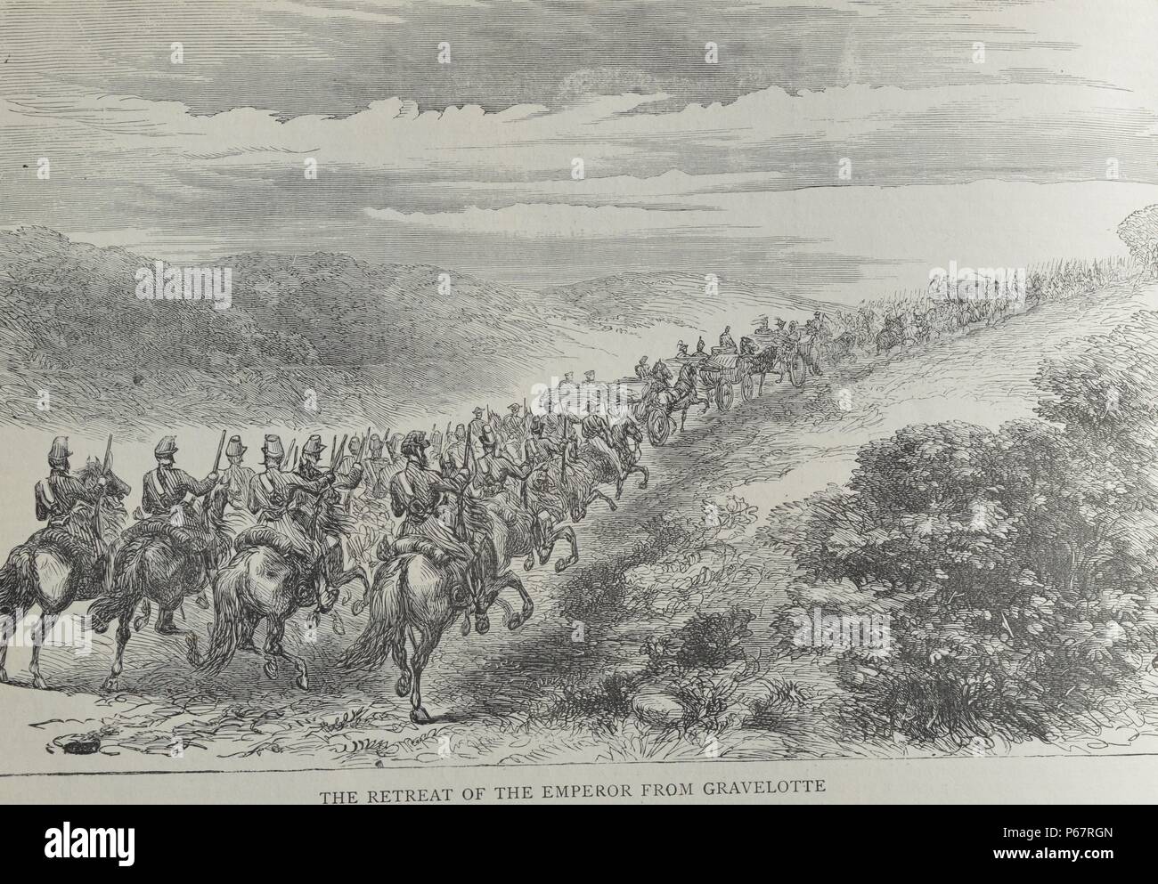 Engraving depicts the retreat of the Prussian Emperor from Gravelotte. The Battle of Gravelotte was a battle of the Franco-Prussian War named after Gravelotte, a village in Lorraine between Metz and the former French–German frontier. Dated 1870 Stock Photo