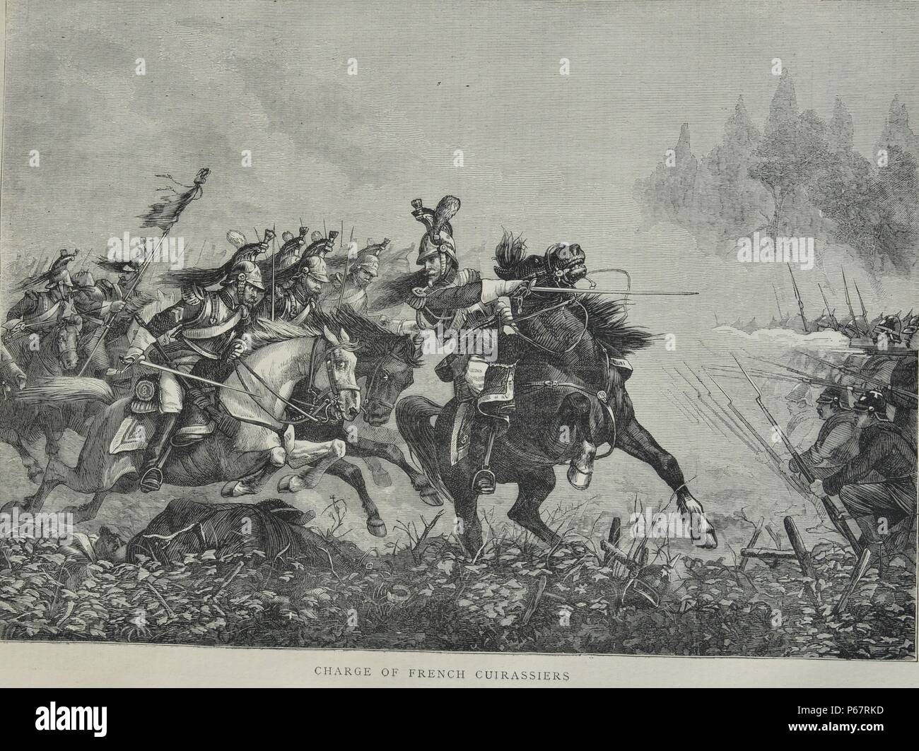 Engraving depicts the charge of French Cuirassiers - a mounted cavalry soldiers equipped with armour and firearms, first appearing in late 15th-century Europe. Dated 1870 Stock Photo