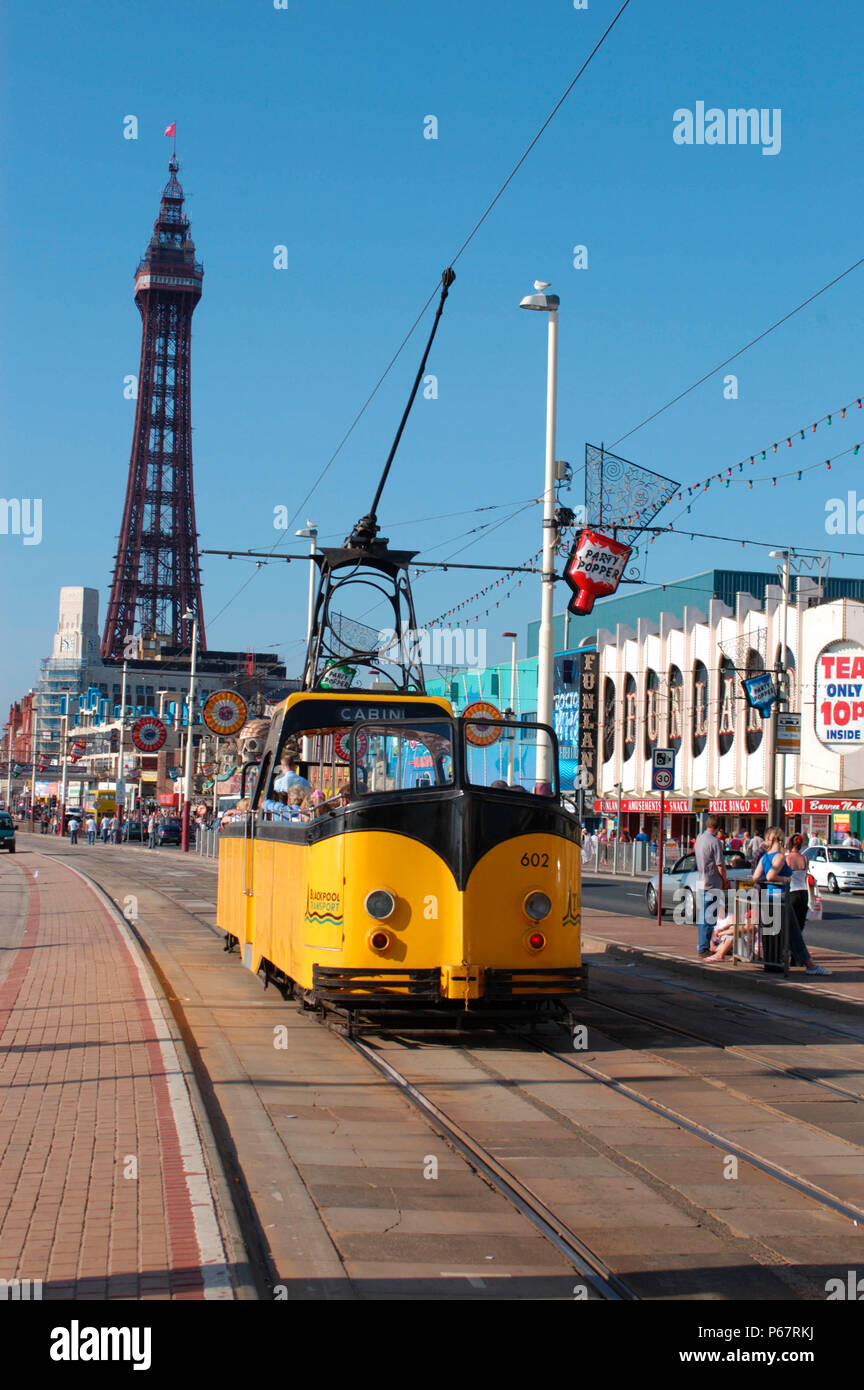 One of Blackpool's famous heritage trams traverses the promenade with Blackpool Tower in the background.July 2004. Stock Photo