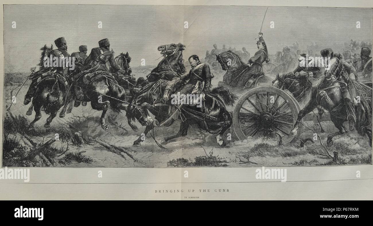 Engraving depicts the soldiers transporting a cannon into battle. Dated 1870 Stock Photo