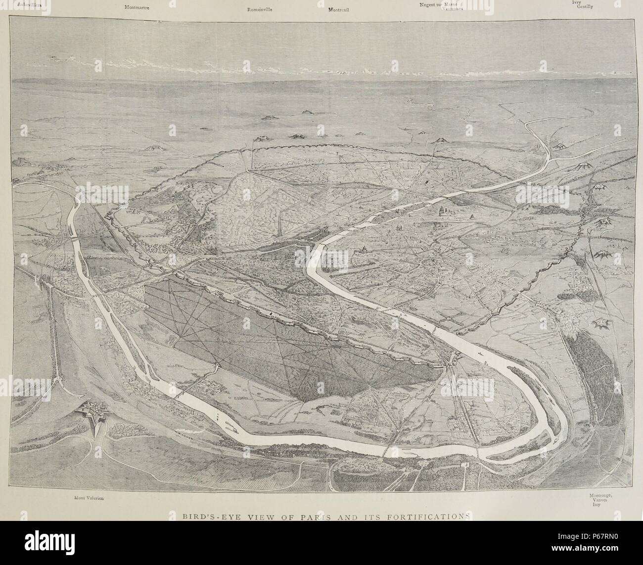 Bird's eye view of Paris and it's fortifications during made during the Franco-Prussian War. Dated 1870 Stock Photo