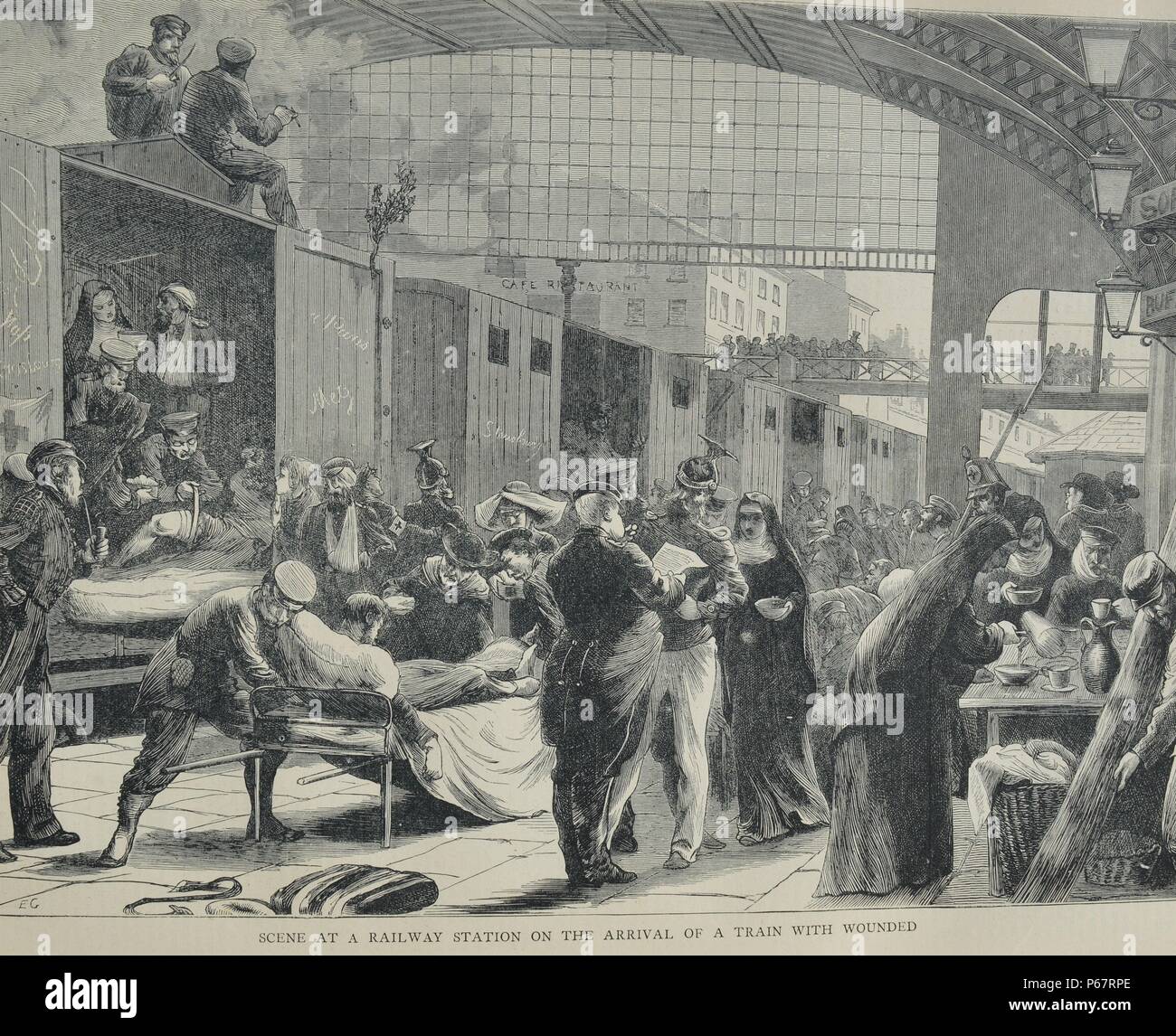 Engraving depicts a scene at a railway station on the arrival of a train with wounded soldiers. Dated 1870 Stock Photo
