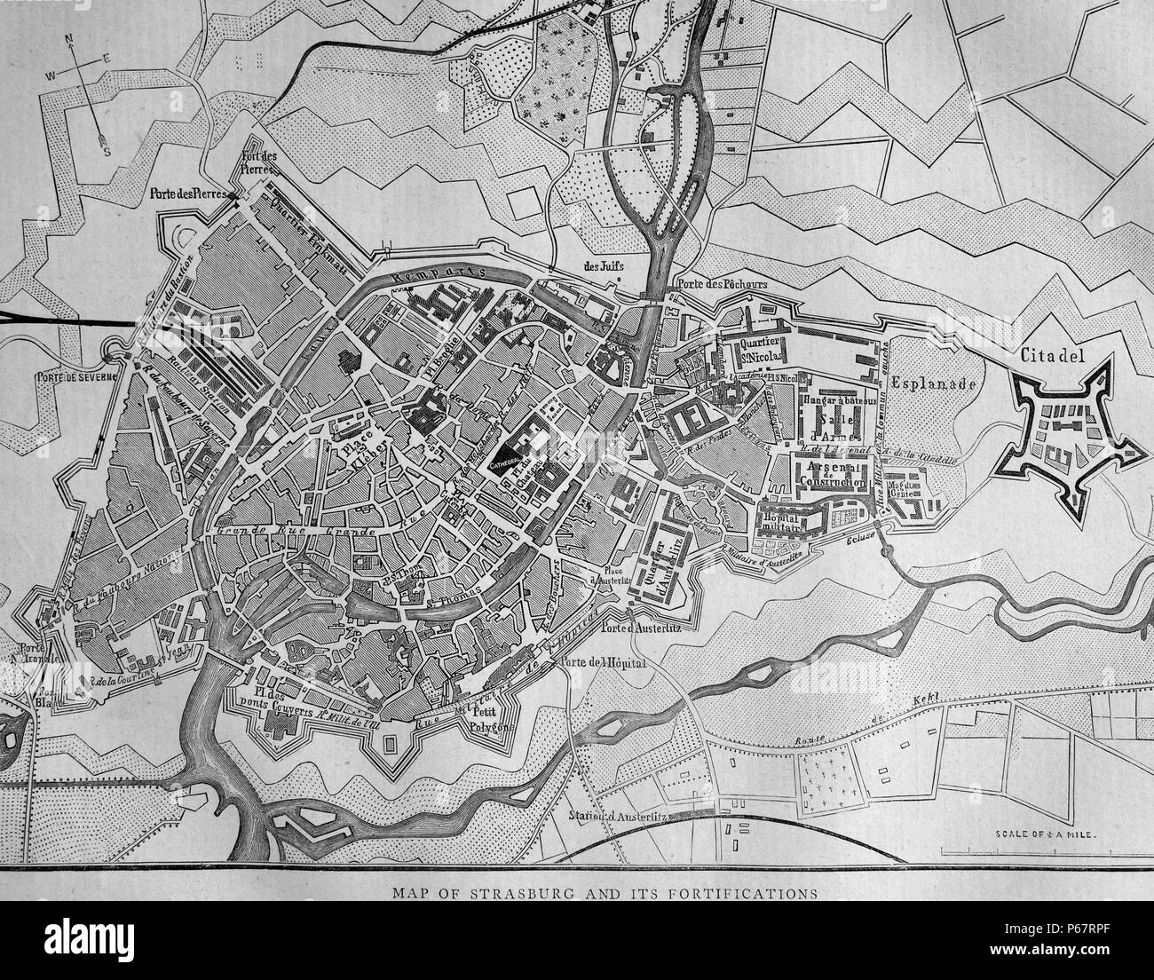 Map of Strasburg and it's fortifications. Strasburg is a town in the Vorpommern-Greifswald district of Mecklenburg-Vorpommern, Germany. Dated 1870 Stock Photo