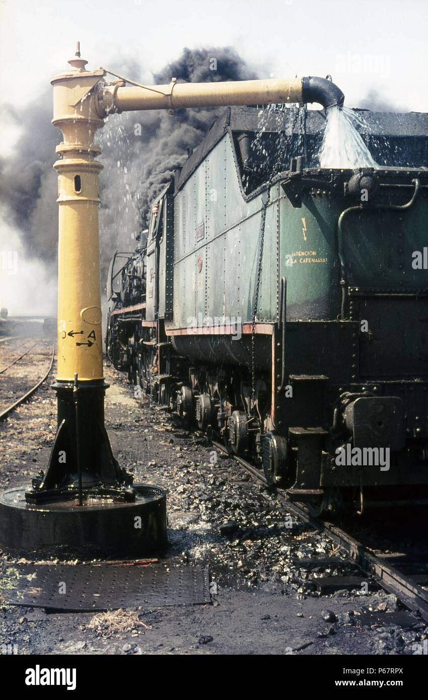 One of the Spanish Railways 5'6'' gauge 2-4-2Fs having arrived at Castejon with a box freight from Miranda on Wednesday 26 August 1970. Stock Photo