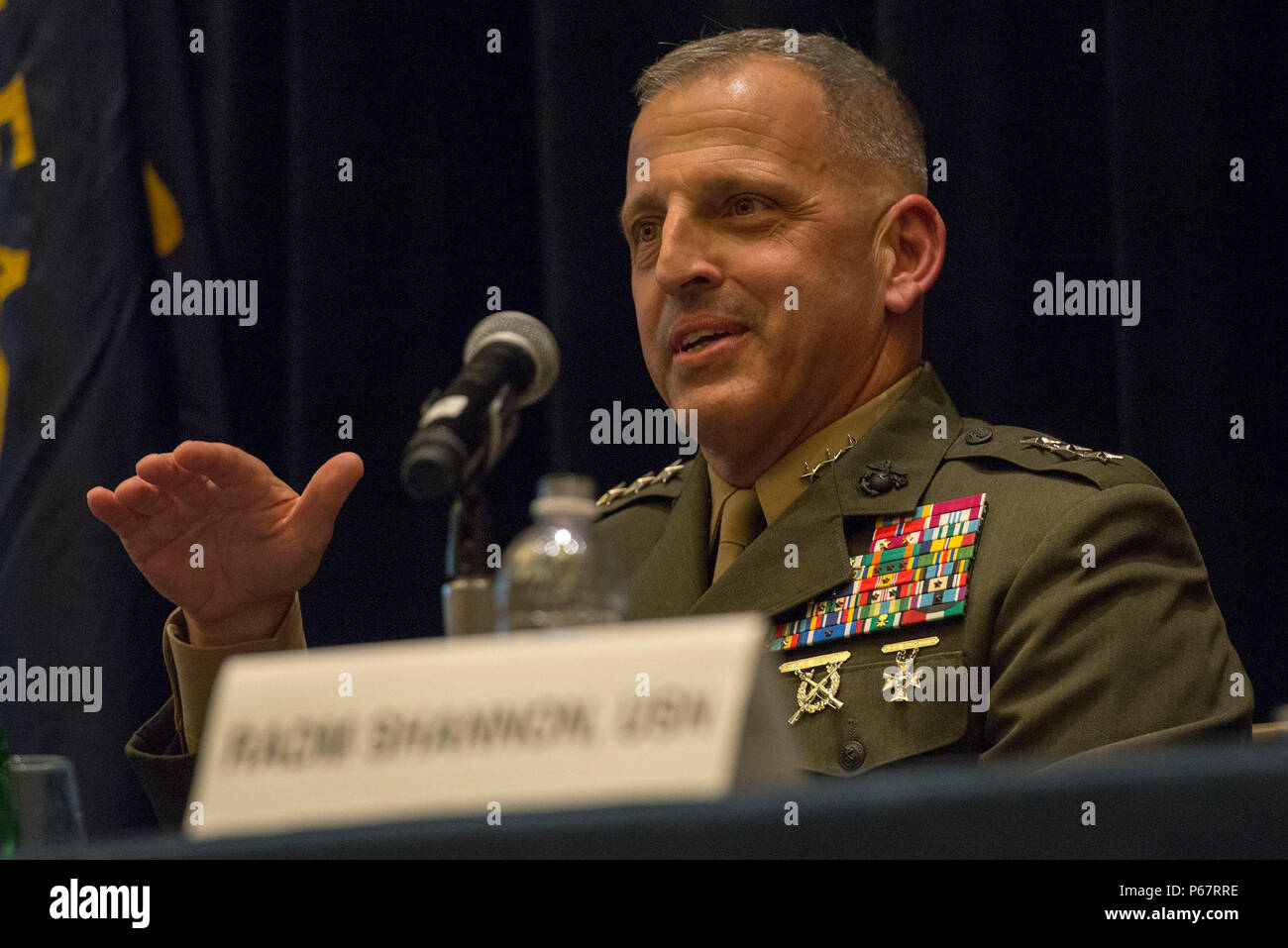 160516-N-XO220-036 NATIONAL HARBOR, Md. (May 16, 2016) – Lt. Gen. Michael Dana, deputy commandant for installations and logistics, speaks during a naval integration roundtable during the 2016 Sea-Air-Space Exposition. The Sea-Air-Space Exposition is an annual event that brings together key military decision makers, the U.S. defense industrial base and private-sector U.S. companies for an innovative and educational maritime based event. (Mass Communication Specialist 3rd Eric S. Brann/Released) Stock Photo