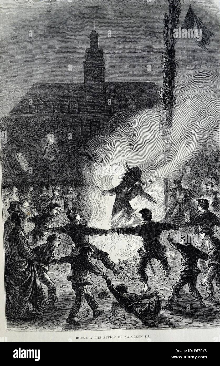 Engraving depicts the burning of an effigy of Napoleon III in public. Dated 1870 Stock Photo