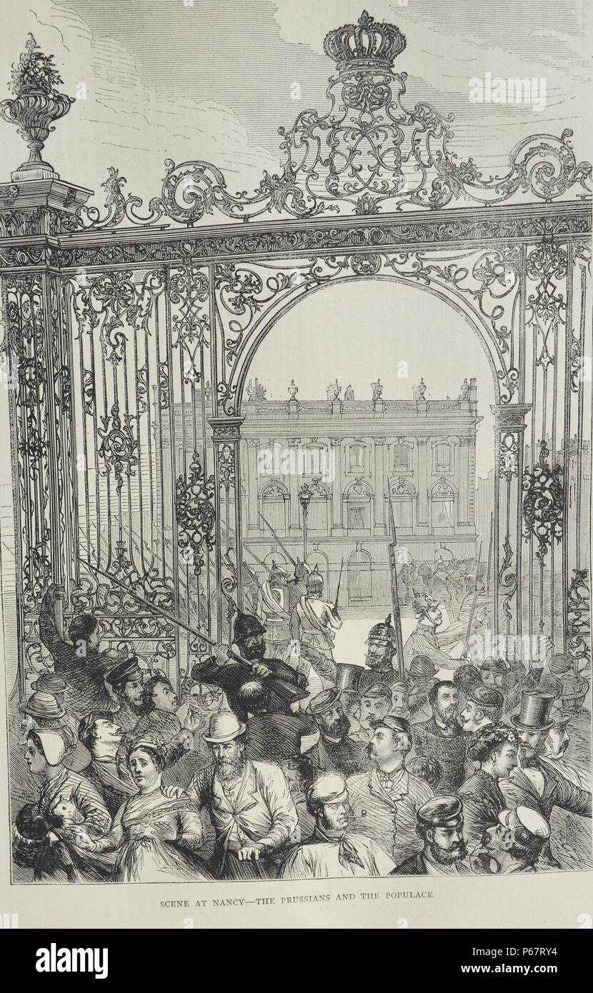 Engraving depicts Prussian soldiers controlling the populace in Nancy, France. Dated 1870 Stock Photo