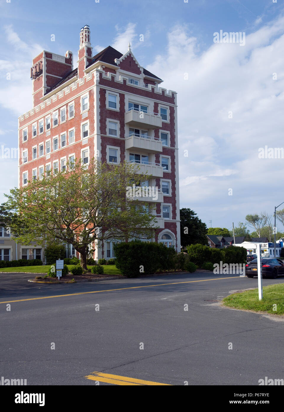 MONTAUK, NEW YORK-JUNE 8: the six-story Carl Fisher Office Building (later the Montauk Improvement Building and now The Tower at Montauk, a residentia Stock Photo