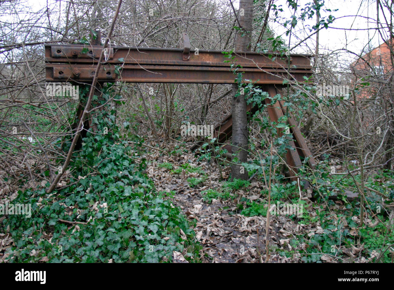 Overgrown buffer stops mark the end of the line for the disused Luton to Dunstable branch line at Dunstable. January 2004. Stock Photo