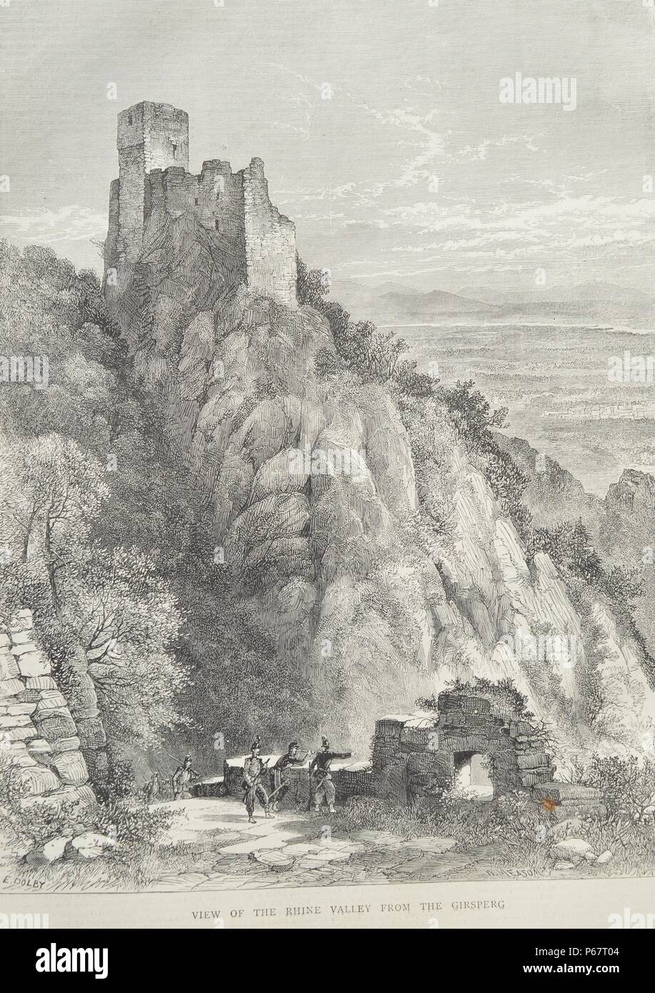 Engraving shows a view of the Rhine Valley from the Girsperg where German soldiers are keeping watch. Dated 1870 Stock Photo