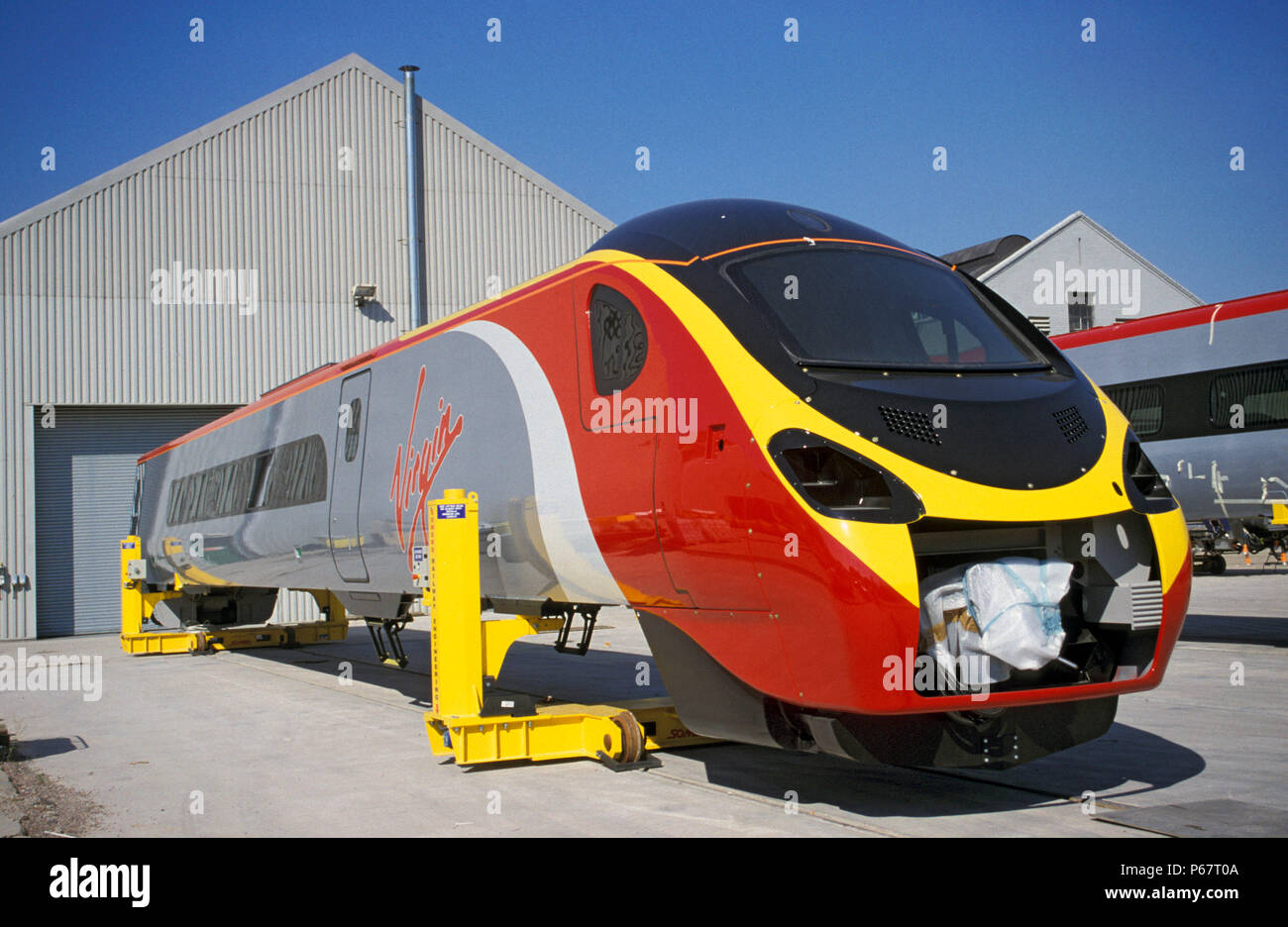 Part assembled Pendolino bodies stand outside the Alstom works at Washwood Heath in Birmingham. C2001 Stock Photo