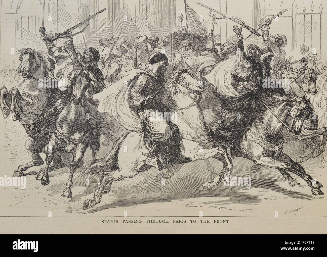 Engraving depicts the Spahis passing through Paris to the front. The Spahi were a light cavalry regiments of the French army recruited primarily from the indigenous populations of Algeria, Tunisia and Morocco. Dated 1870 Stock Photo