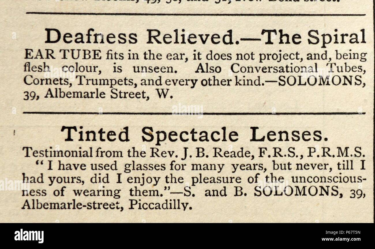 Article advertising hearing aids and tinted spectacle lenses. Dated 1870 Stock Photo