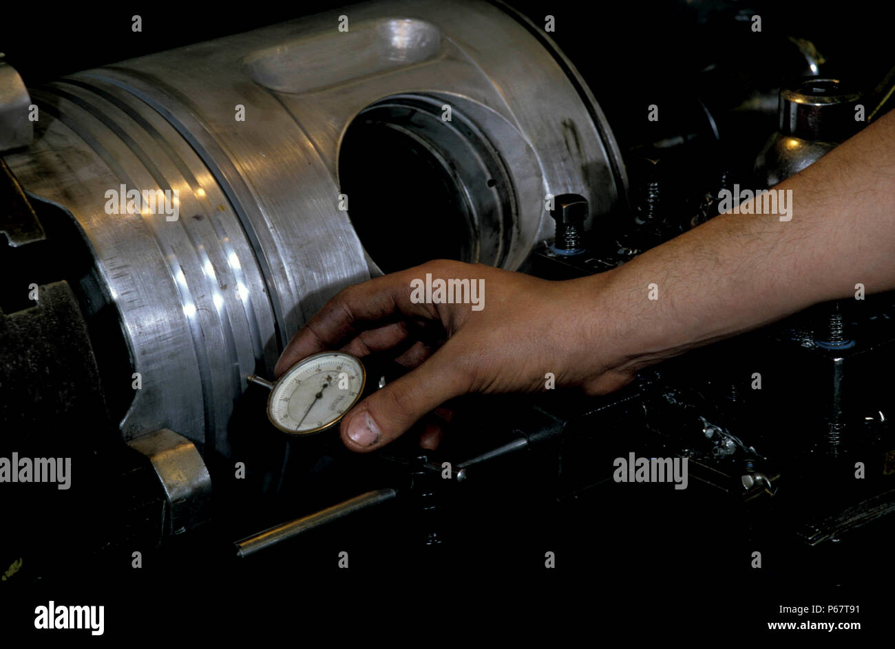 Refurbishing a piston head on a lathe at Crewe works. C1993. Stock Photo