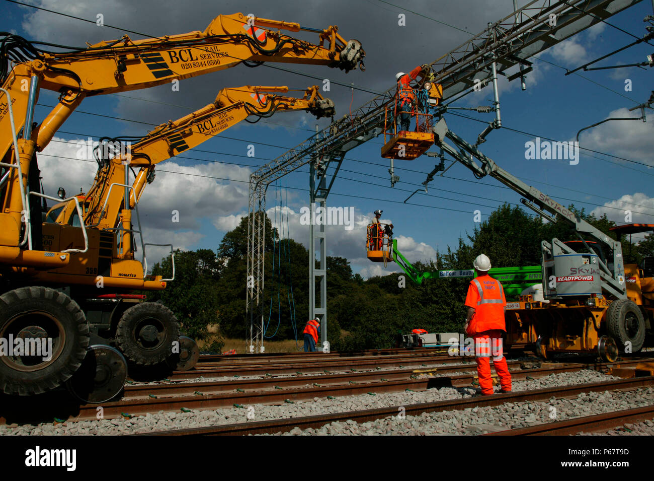 Removal of old stanchion at Bourne End in August 2003 as part of the West Coast Main Line upgrade. Stock Photo