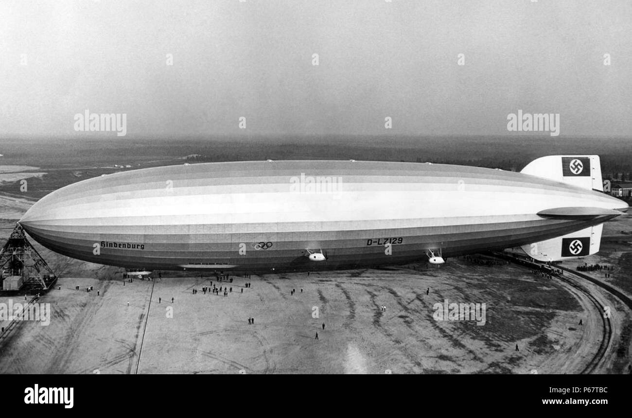 Photograph of the Hindenburg after a successful landing in Lakehurst, New Jersey. Dated 1936 Stock Photo