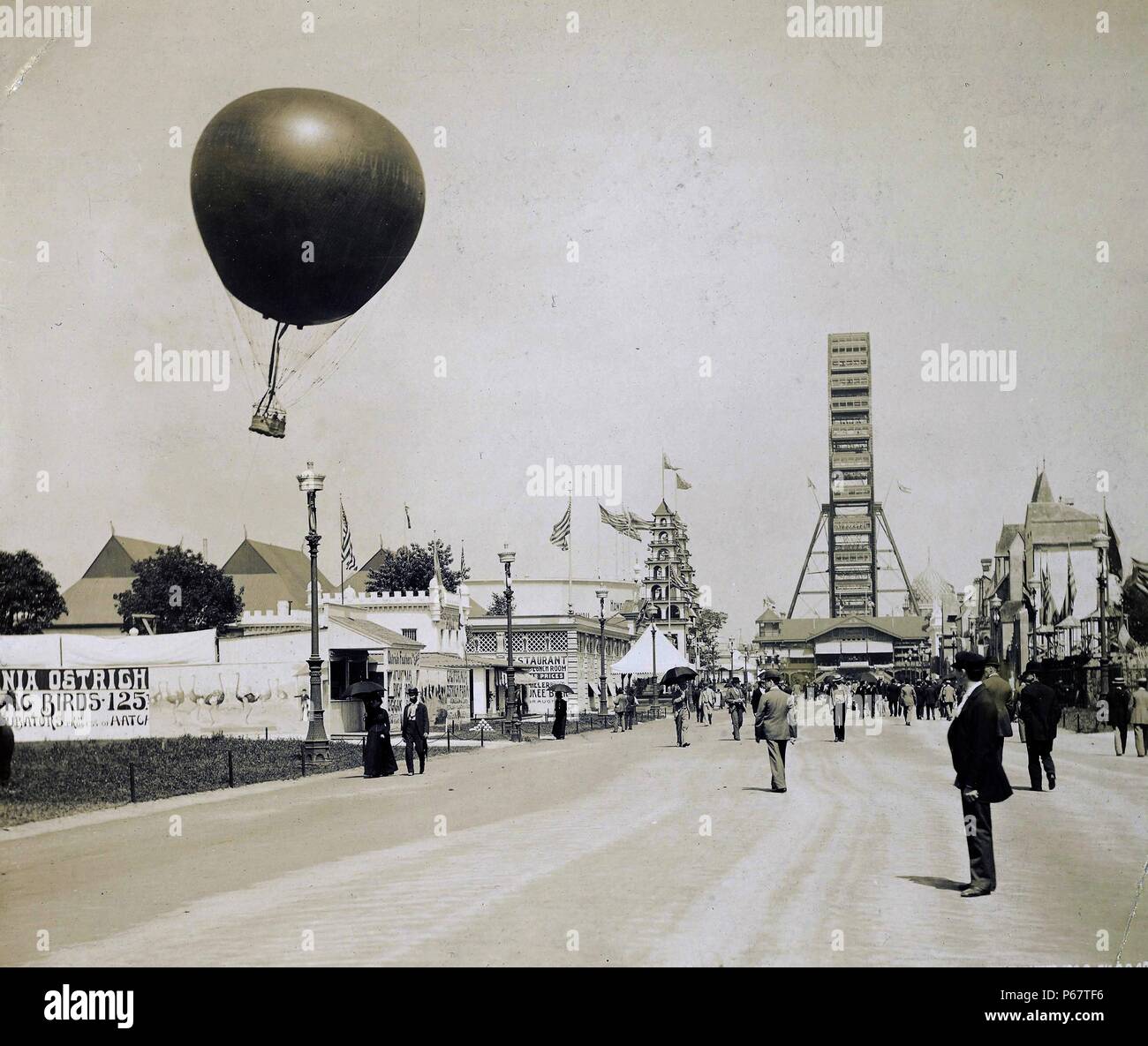 Photograph of the original Ferris Wheel, Aloft Balloon and other attraction at the World's Columbian Exposition, Chicago. Dated 1893 Stock Photo