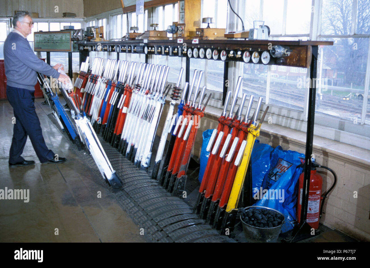 Signal box interior at Princes Risborough with old style lever frame. C 1992 Stock Photo