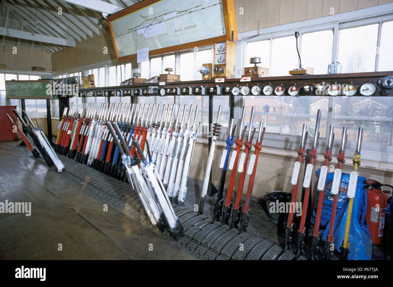 Signal box interior at Princes Risborough with old style lever frame. C 1992 Stock Photo