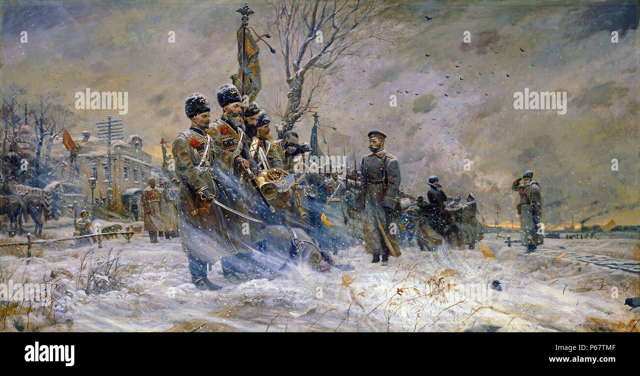 Painting of Nicholas II of Russia bidding farewell to his troops. By Pavel Ryzhenko. Dated 1916 Stock Photo