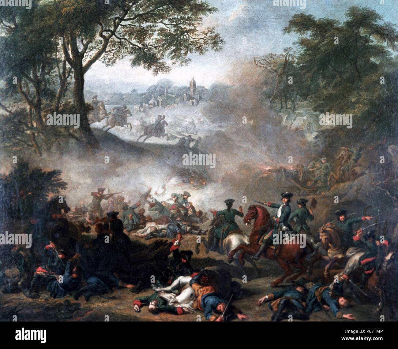 Painting of the Battle of Lesnaya, one of the major battles of the Great Northern War. Dated 1708 Stock Photo