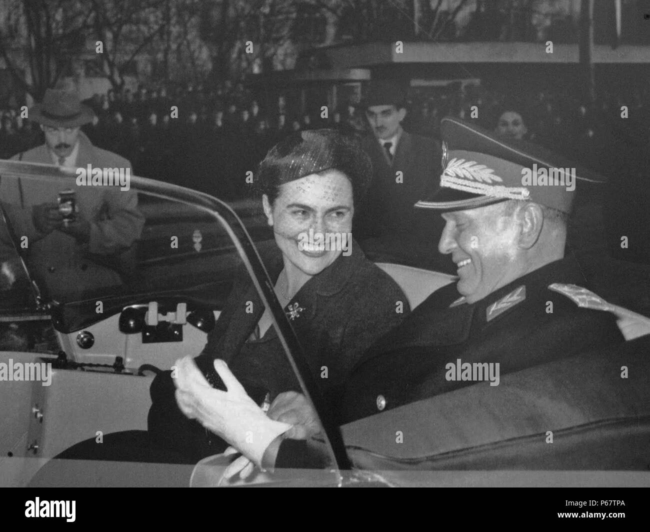 Josef Broz Tito (President of Yugoslavia) with his wife Jovanka, photographed in an open-topped car. 1958 Stock Photo
