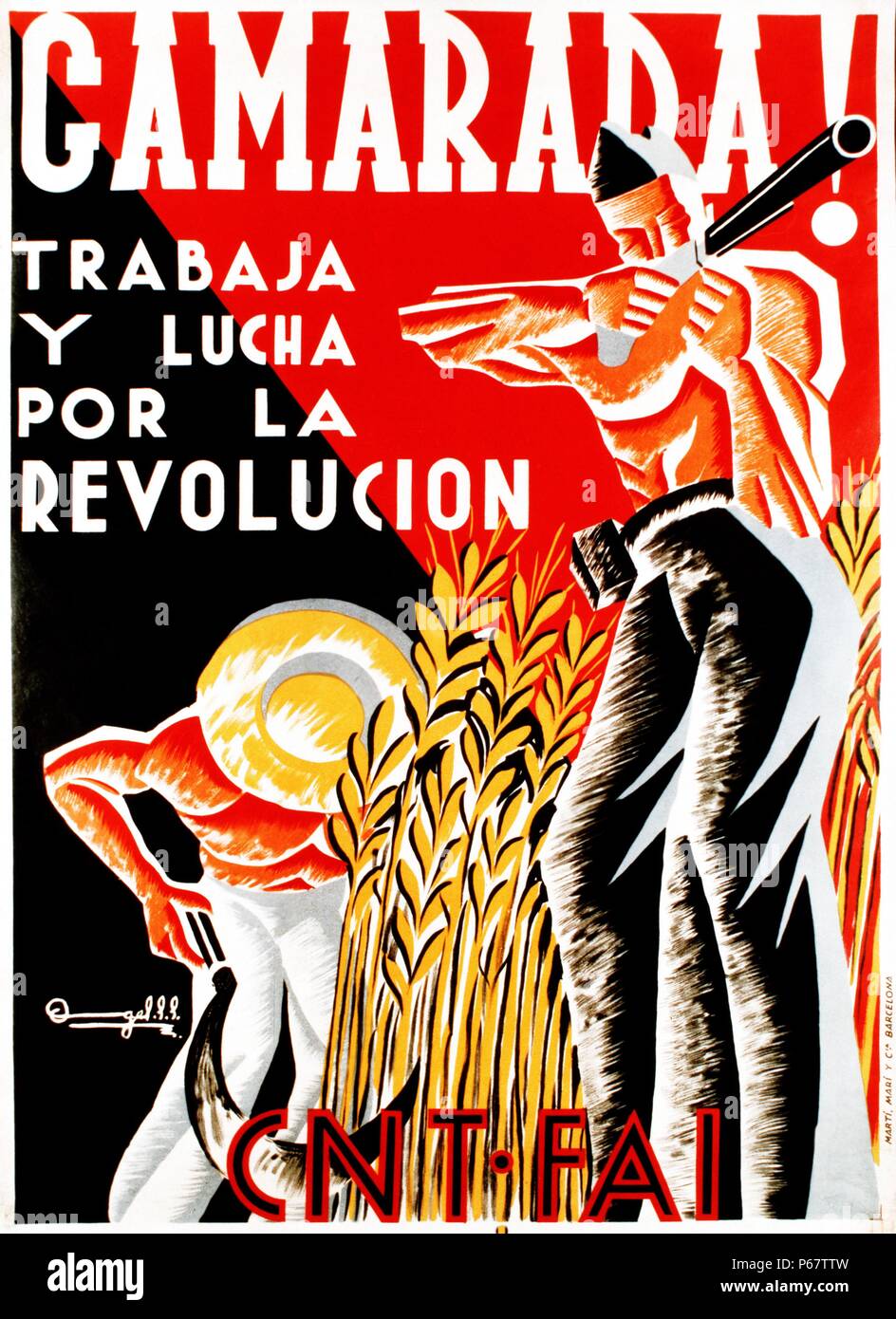 Propaganda poster from Spanish Civil War. Text reads 'Camarada trabaja y lucha por la revolucion.' The Spanish Civil War was fought from 17 July 1936 to 1 April 1939 between the Republicans, who were loyal to the democratically elected Spanish Republic, and the Nationalists, a rebel group led by General Francisco Franco. Stock Photo