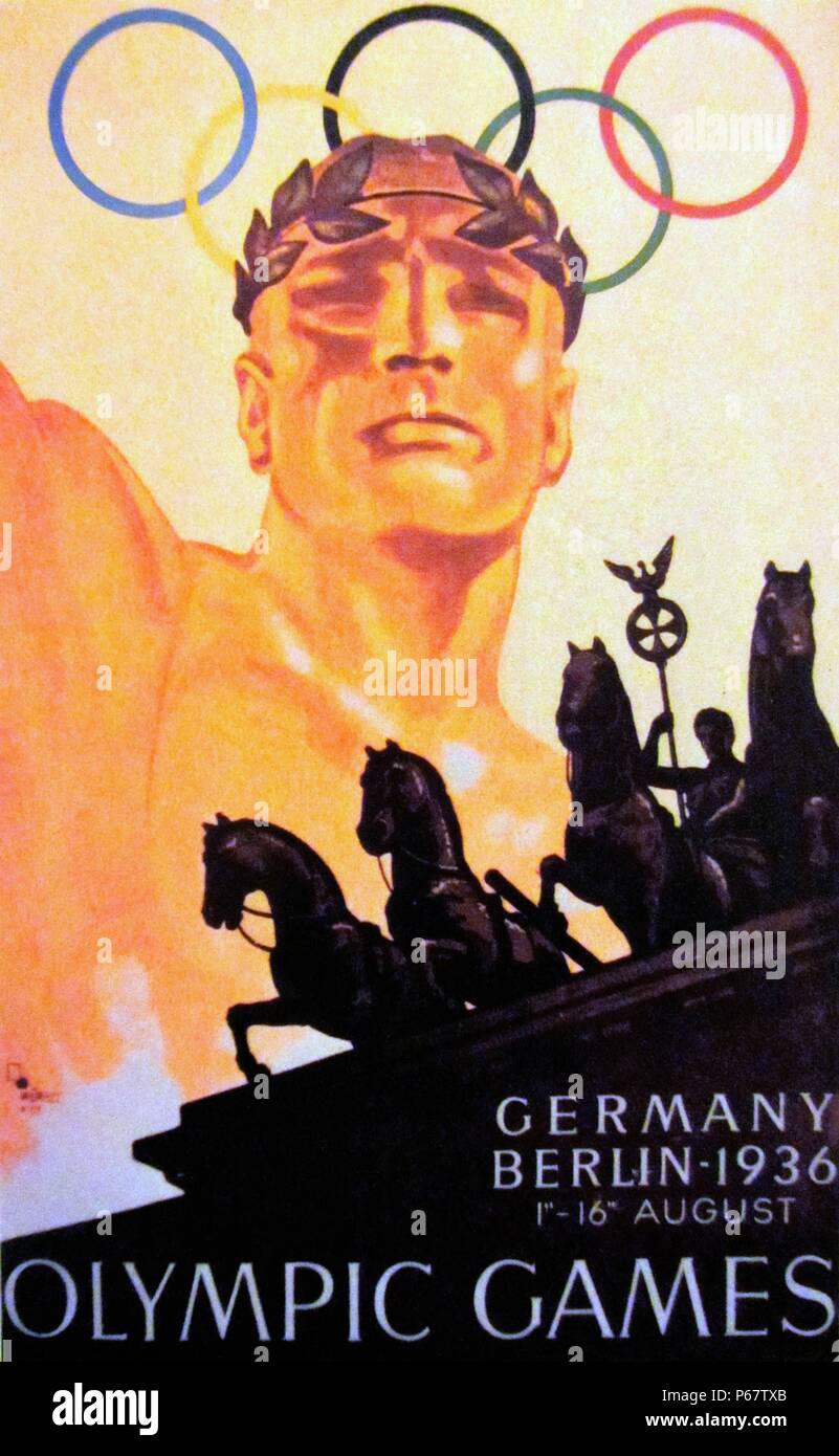 Poster for the 1936 Olympics held in Berlin, Germany. Berlin won the bid to host the Games over Barcelona, Spain and it marked the second and final time that the International Olympic Committee would gather to vote in a city which was bidding to host those Games. Stock Photo