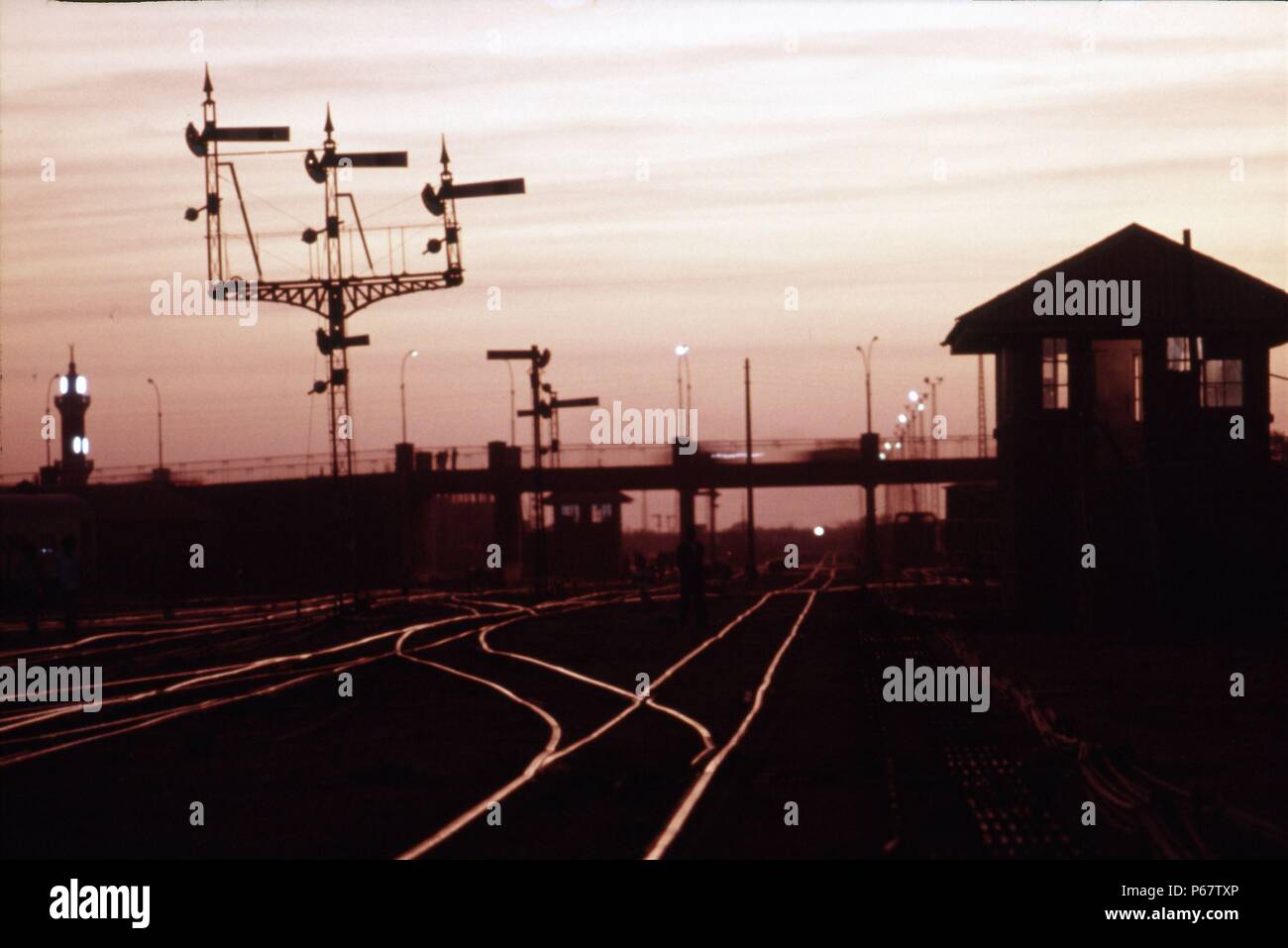 Sunset in Khartoum late January 1983 showing former British signalbox and signals. Stock Photo