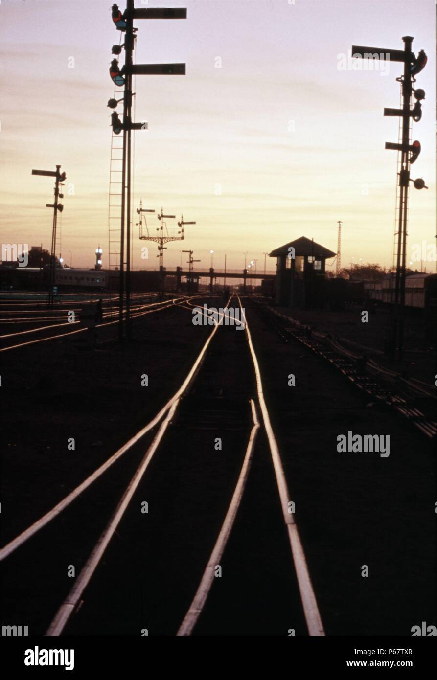 Sunset in Khartoum late January 1983 showing former British signalbox and signals. Stock Photo