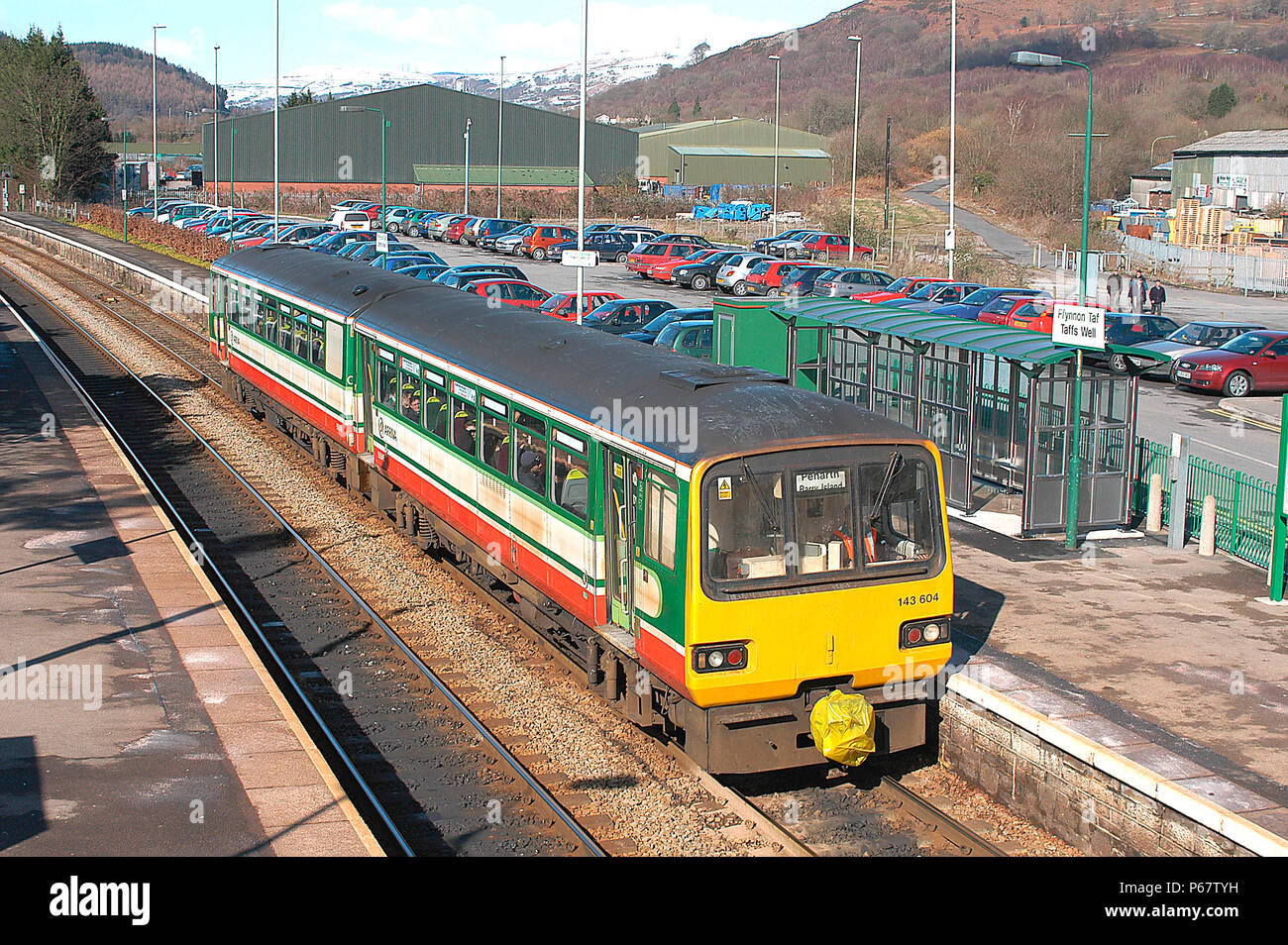 Taffs Well has been redesigned as a Park and Ride station to reduce the volume of traffic entering Cardiff including this local service from Aberdare  Stock Photo