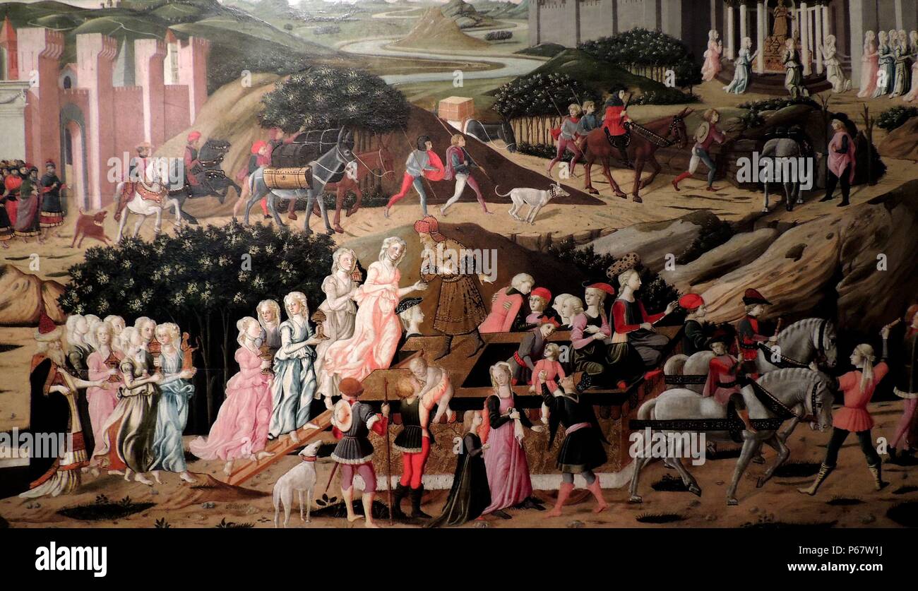 Painted in the 1480's, this shows scenes from Livy's history of Rome.  The Gaul's attack Rome, identifiable by monuments such as the column of Marcus Aurelius and the Pantheon.  A citizen, Lucius Albinus, helps the Vestal Virgins to escape with their sacred vessels in his carriage. Stock Photo