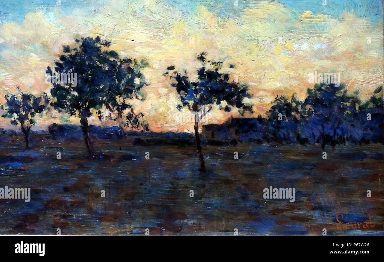 Georges-Pierre Seurat (1859-1891 Sunset oil on panel.  This is one of the many 'croquetons' (little sketches) Seurat painted in the region around Paris in the 1880's.  They are predominantly landscapes, painted directly onto cigar-box lids.  Such lids were easy to carry and the red-brown colour of the wood provided a warm ground ideally suited to landscape subjects. Stock Photo