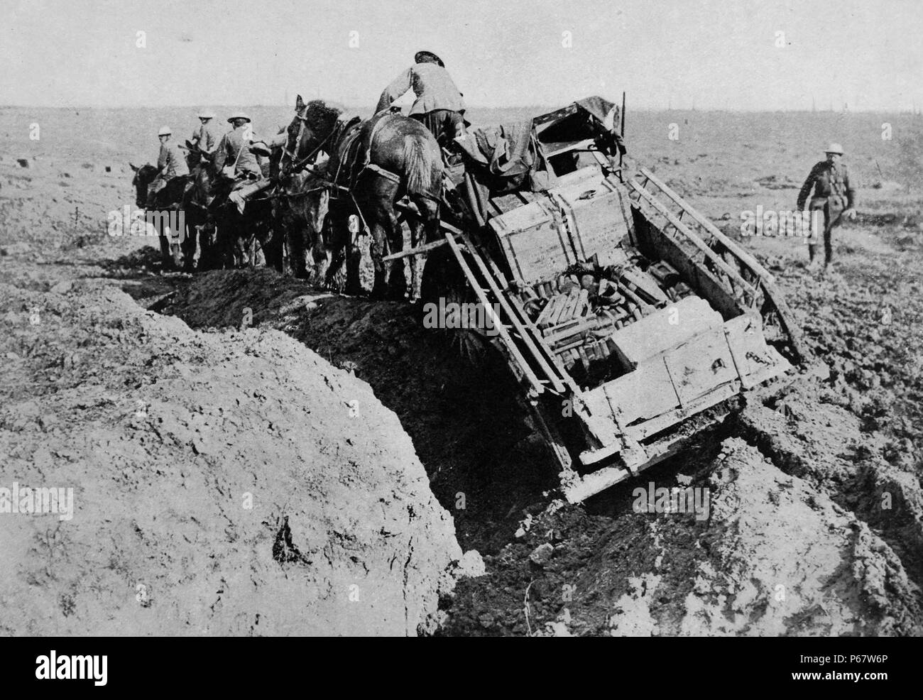 British army supplies are taken with great difficulty over the muddy fields of Flanders in Belgium in 1915, during world war one. Flanders (and Belgium as a whole) saw some of the greatest loss of life on the Western Front of the First World War, in particular from the three battles of Ypres. Due to the hundreds of thousands of casualties at Ypres Stock Photo