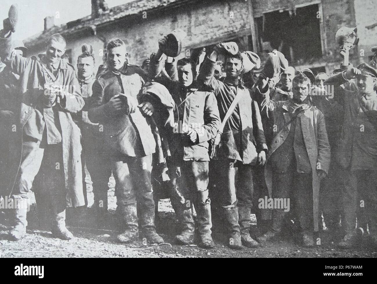 German prisoners of war at a camp in France celebrate the end of World war One in November 1918 Stock Photo