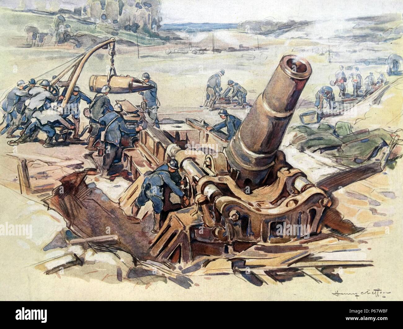 French mortar prepared for firing against German positions, World war One, France Stock Photo