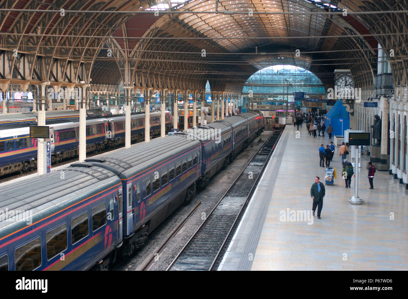 The Great Western Railway. Paddington station. View under trainshed with Great Western service awaiting departure. October 2004. Stock Photo