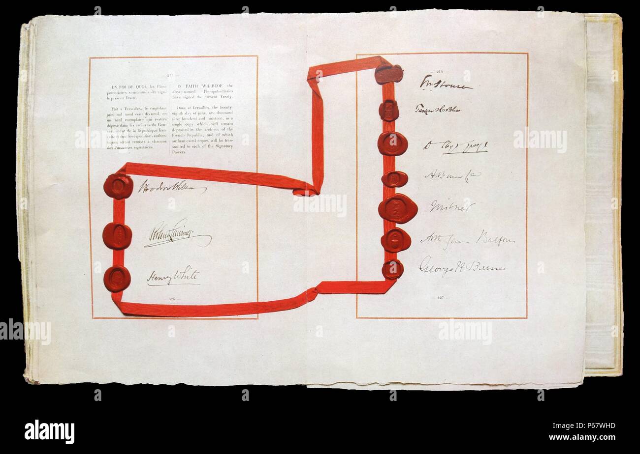 Treaty of Versailles with signatures of Lloyd George, Woodrow WilsonAndrew Bonar Law and James Balfour Stock Photo
