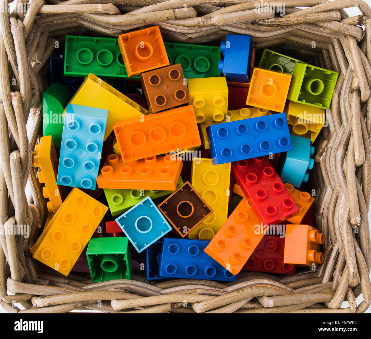 toy bricks of assorted colors on white background Stock Photo
