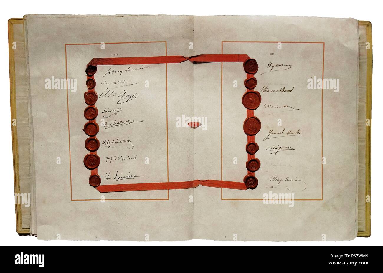 Treaty of Versailles with signatures of Japanese, Belgian, Bolivian, Brazilian and Italian delegates Stock Photo