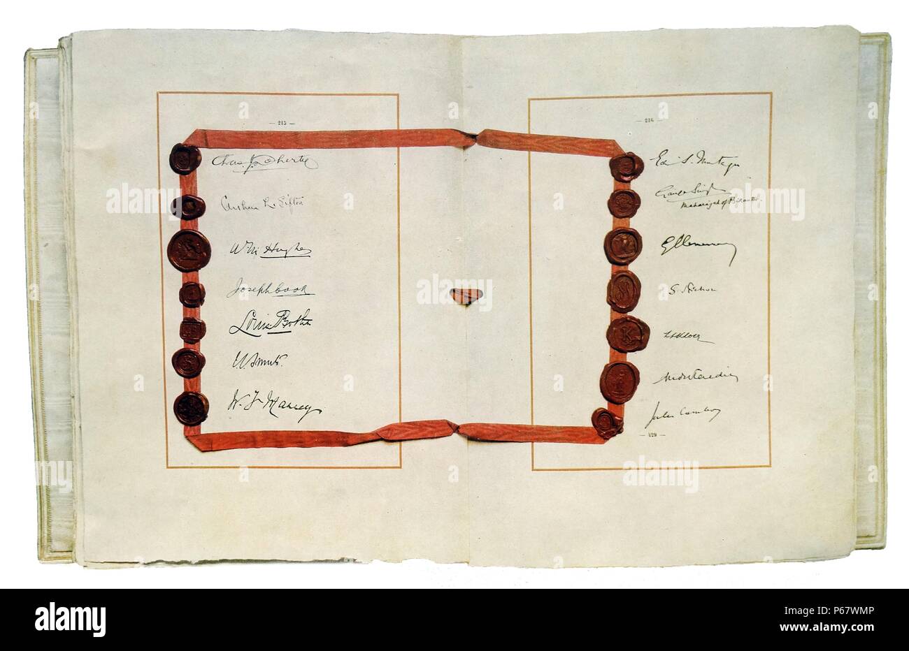 Treaty of Versailles with signatures of commonwealth leaders including Jan Smuts and louis Botha of South Africa Stock Photo
