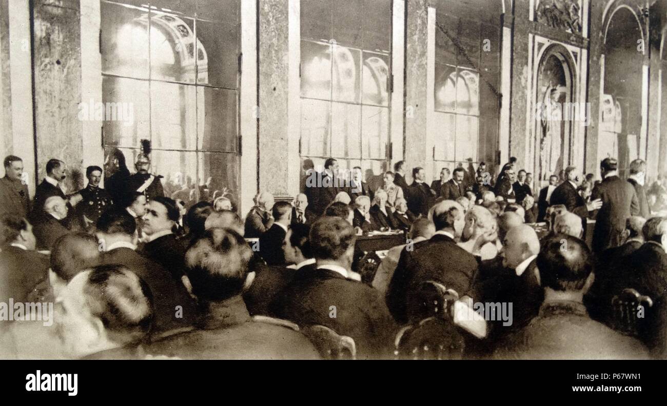 Treaty of Versailles is signed by Prime minister Clemenceau and American President Woodrow Wilson. June 1919 Stock Photo