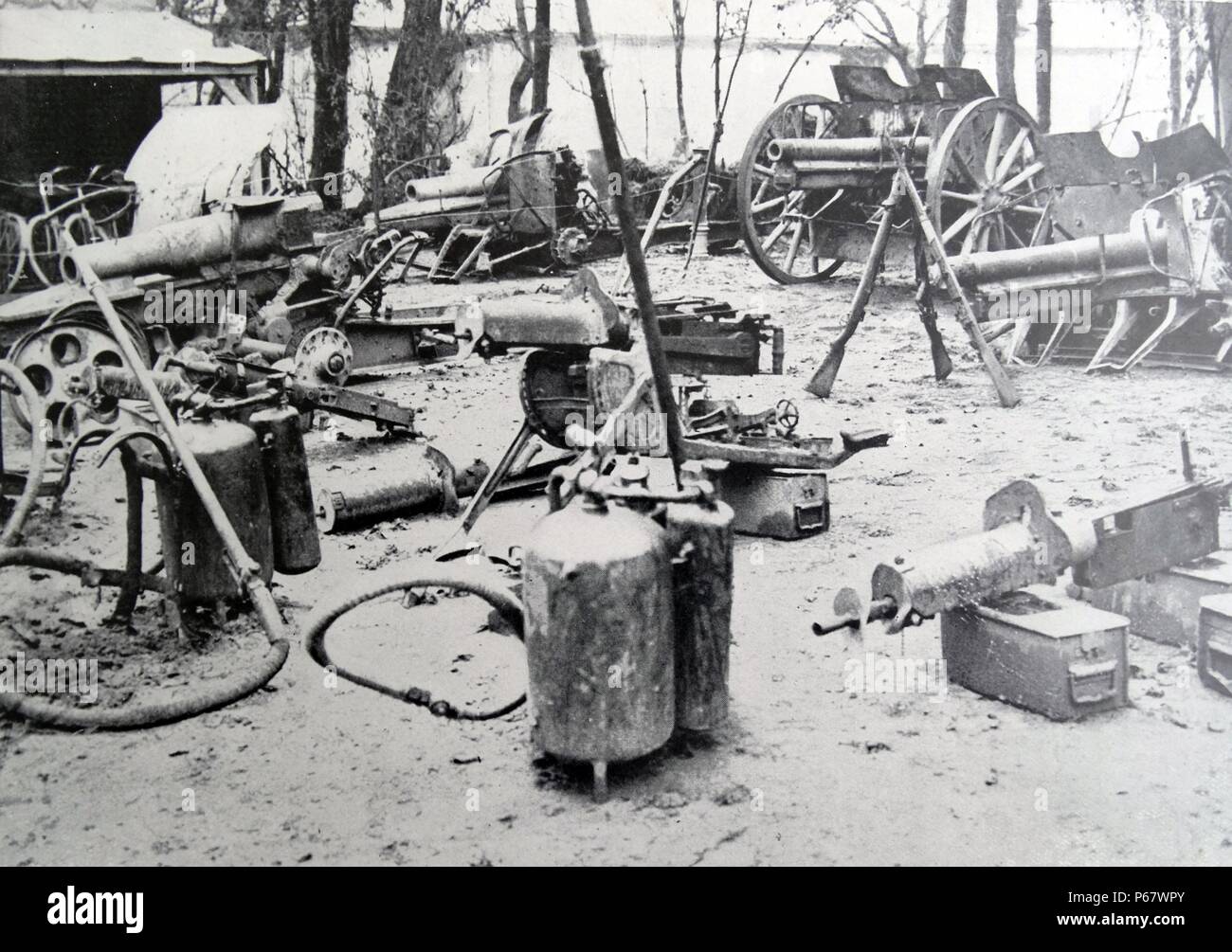 Abandoned German artillery and flame throwers, during World War One Stock Photo
