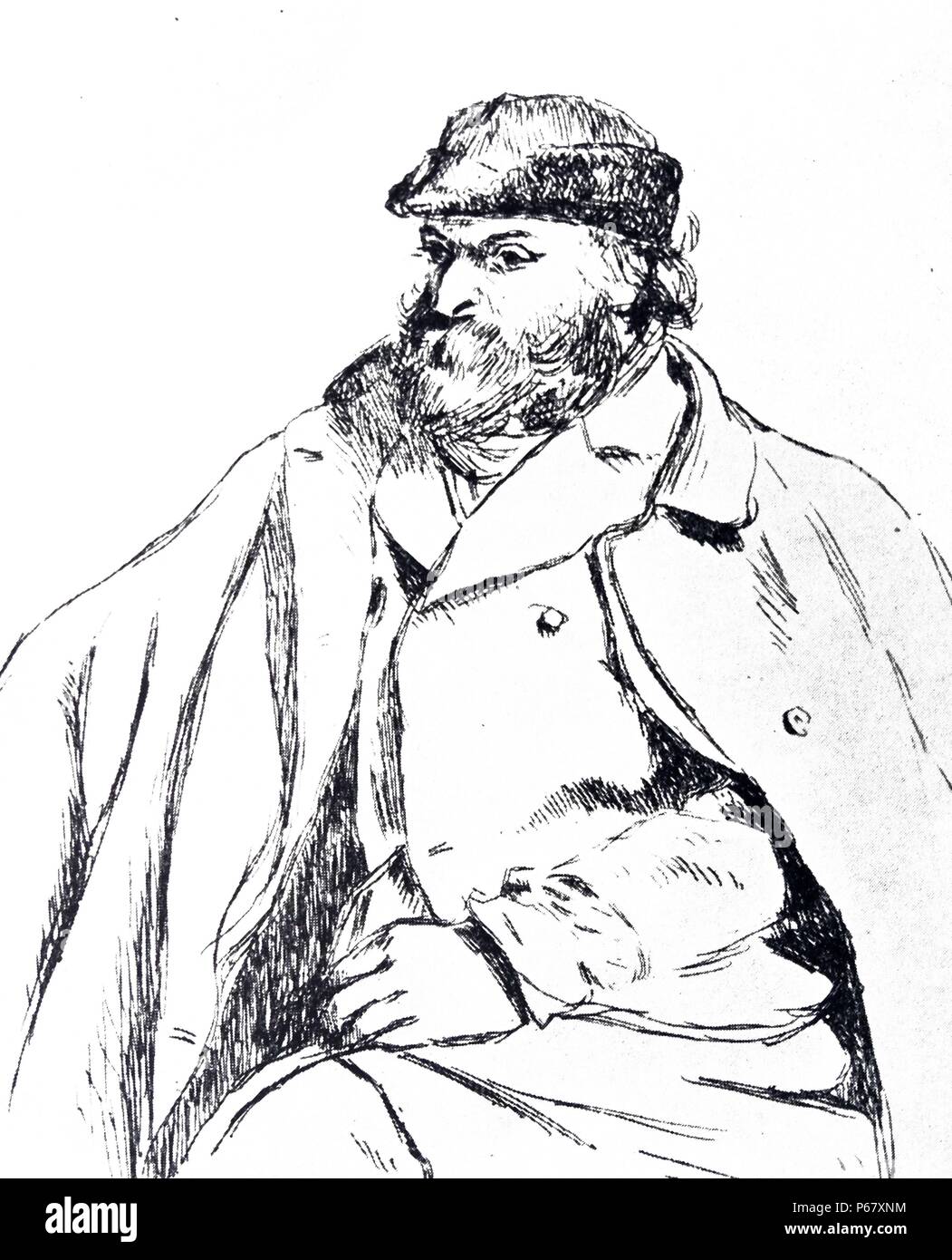 Etching of Paul Cézanne (1839-1906) French artist and Post-Impressionist painter. By Camille Pissarro (1830-1903) Danish-French Impressionist and Neo-Impressionist painter. Dated 1874 Stock Photo