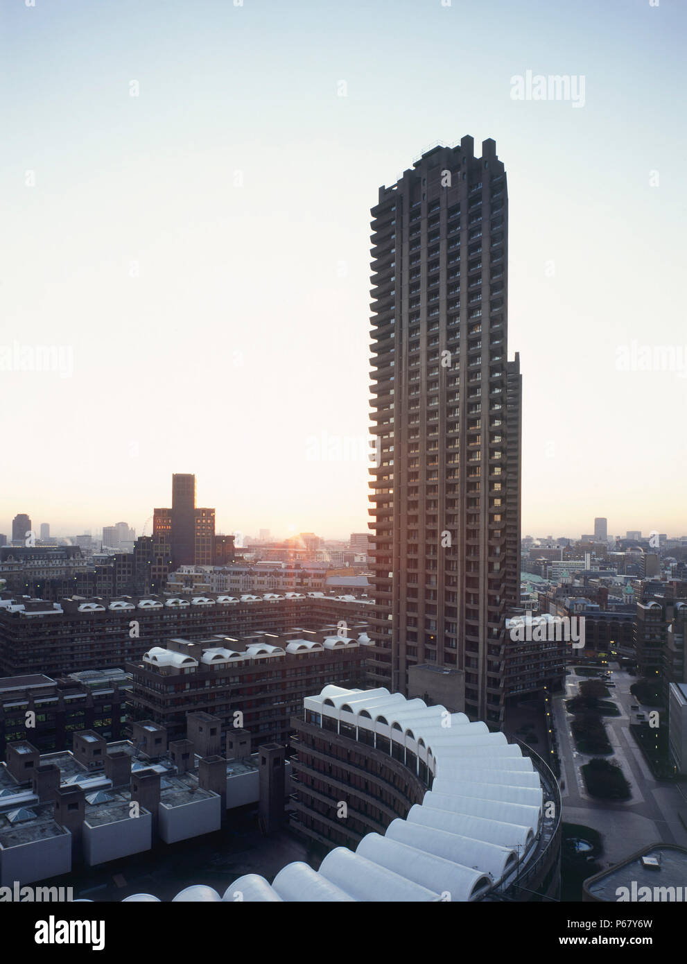 Barbican Estate, London. View of the Shakespeare Tower from the